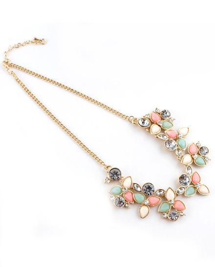 Romwe Pink Gemstone Gold Leaves Chain Necklace