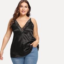 Romwe Plus Contrast Lace Deep V Neck Top