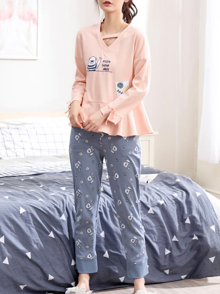 Romwe V Cut Pep Hem Cartoon Tee & Pants Pj Set