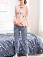 Romwe V Cut Pep Hem Cartoon Tee & Pants Pj Set