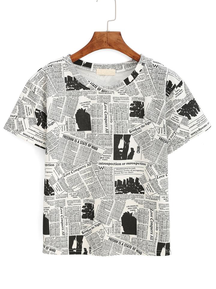 Romwe Black White Crew Neck Newspaper Print T-shirt