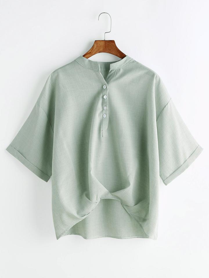 Romwe Pale Green Ruched Dip Hem Cuffed Blouse