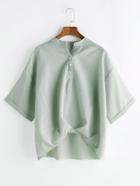 Romwe Pale Green Ruched Dip Hem Cuffed Blouse