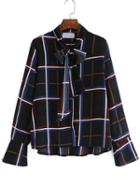 Romwe High Low Bell Sleeve Plaid Bow Blue Blouse