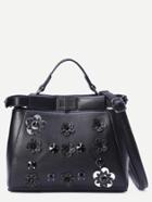 Romwe Black Flowers And Rivet Embellished Tote Bag With Strap