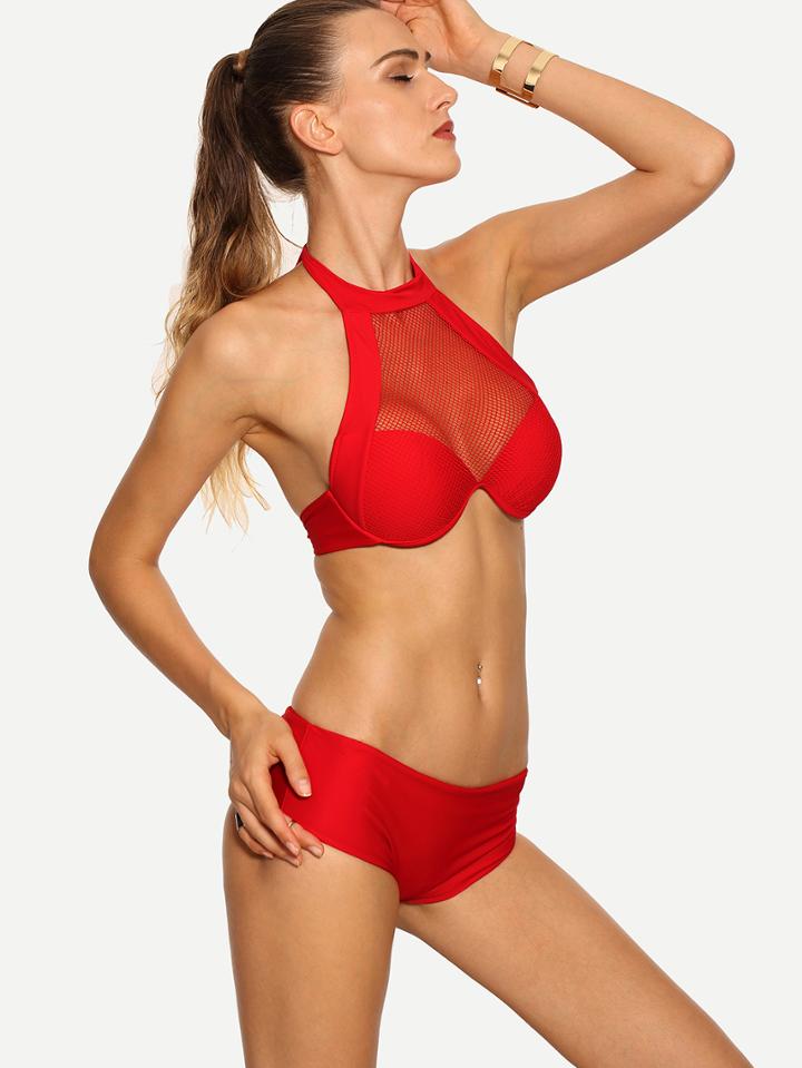 Romwe Red Mesh High Neck Bikini Set