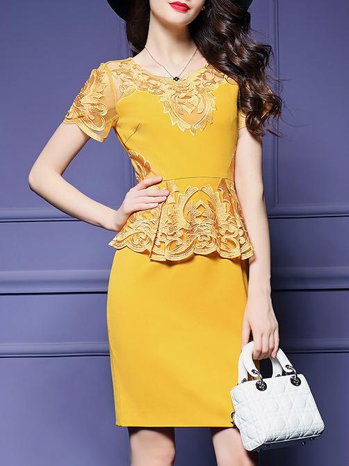 Romwe Yellow Peplum Embroidered Sheath Dress
