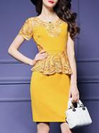 Romwe Yellow Peplum Embroidered Sheath Dress