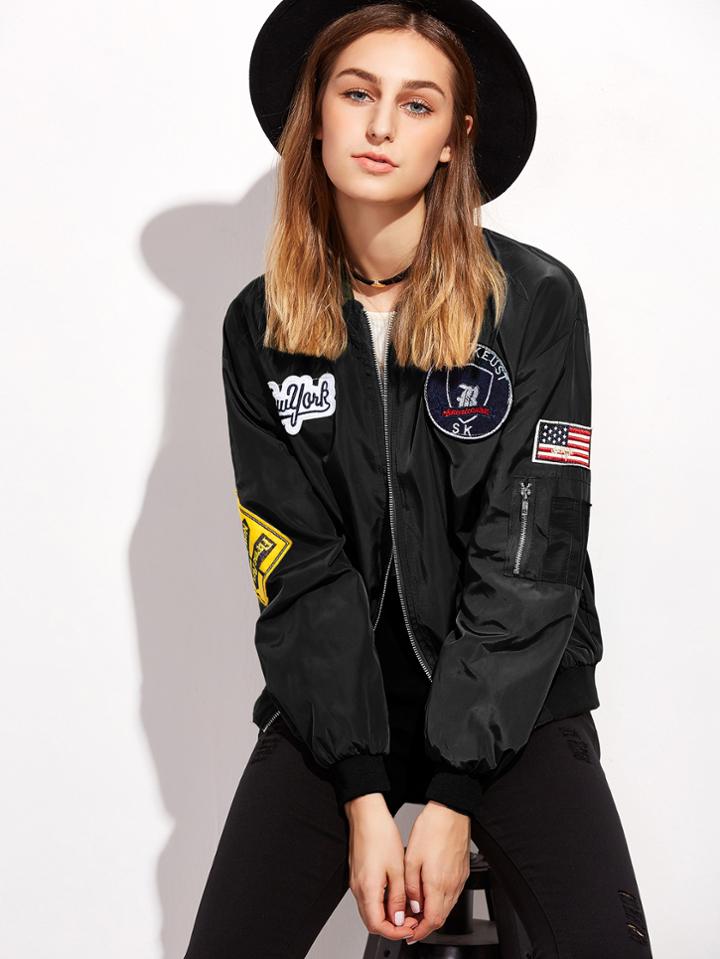 Romwe Black Embroidered Patches Zip Up Bomber Jacket