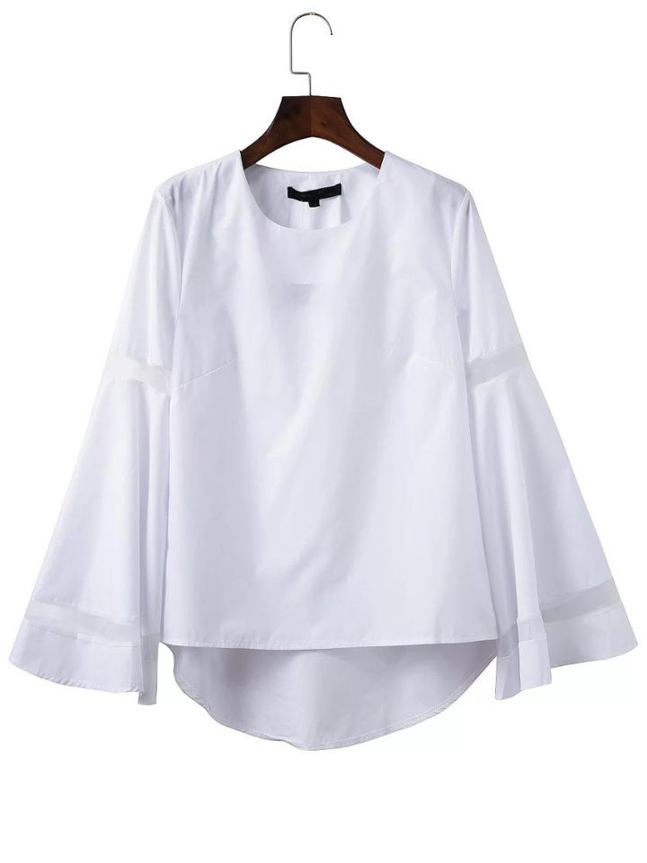 Romwe White Mesh Detail Bell Sleeve Dip Hem Blouse