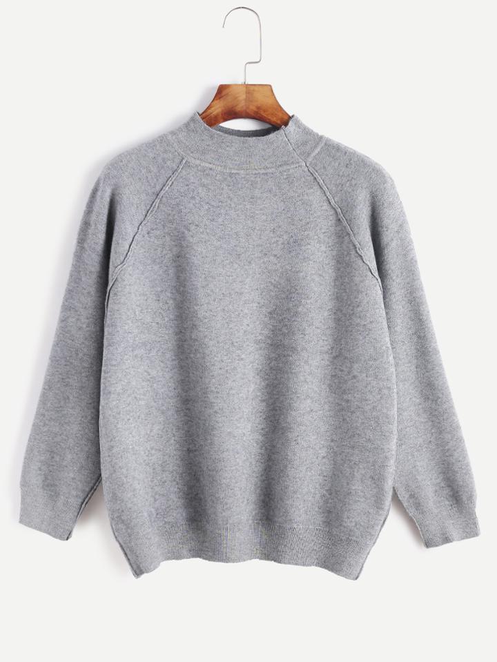 Romwe Pale Grey Mock Neck Raglan Sleeve Sweater