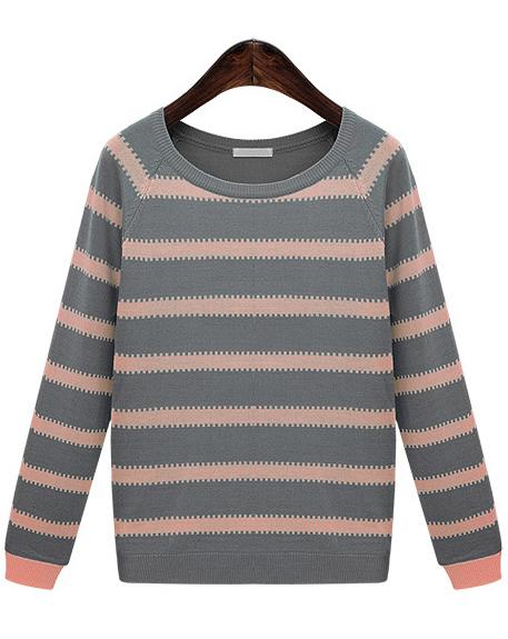 Romwe Pink Grey Long Sleeve Striped Knit Sweater