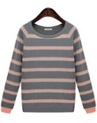 Romwe Pink Grey Long Sleeve Striped Knit Sweater
