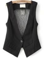 Romwe Sleeveless Contrast Lace Slim Black Coat