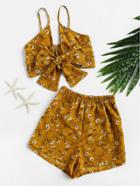 Romwe Florals Bow Tie Open Front Crop Cami Top With Shorts