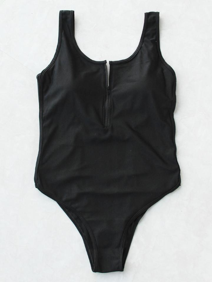 Romwe Zipper Up Scoop Neck One Piece Swimwear