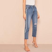Romwe Side Striped Tape Ripped Detail Crop Jeans