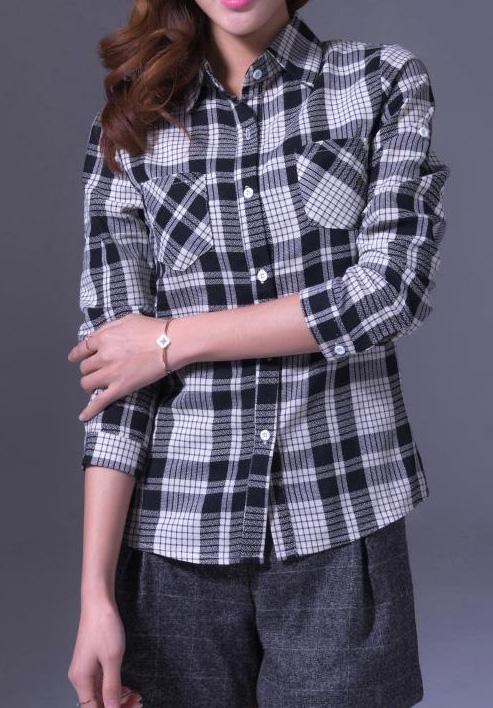 Romwe Lapel Plaid Pockets Black Blouse