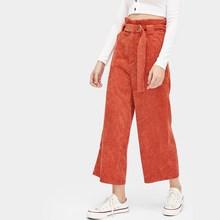 Romwe Corduroy Wide Leg Pocket Side Belted Pants