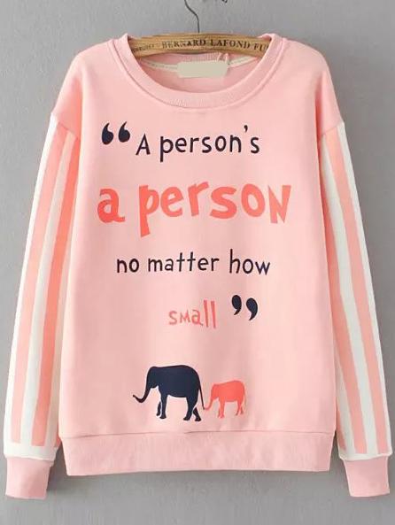 Romwe Letter Print Vertical Striped Pink Sweatshirt