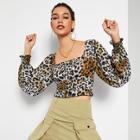 Romwe Smocked Waist & Cuff Lettuce Trim Leopard Blouse