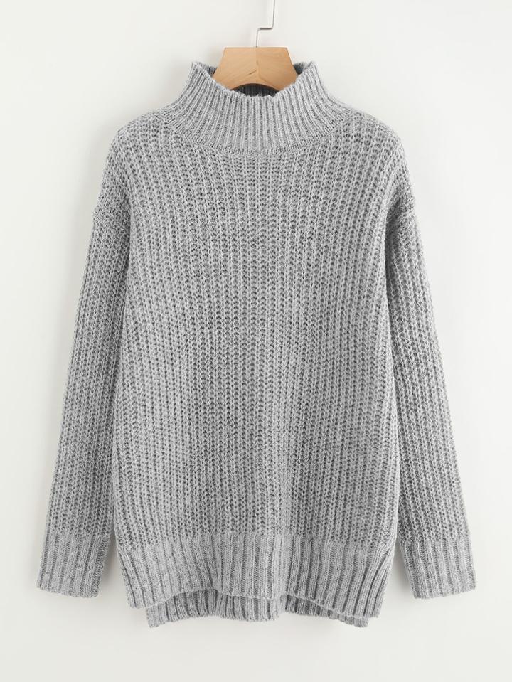 Romwe Marled Knit Slit Stepped Hem Jumper