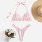 Romwe Striped Self Tie Triangle Halter Top With High Leg Bikini