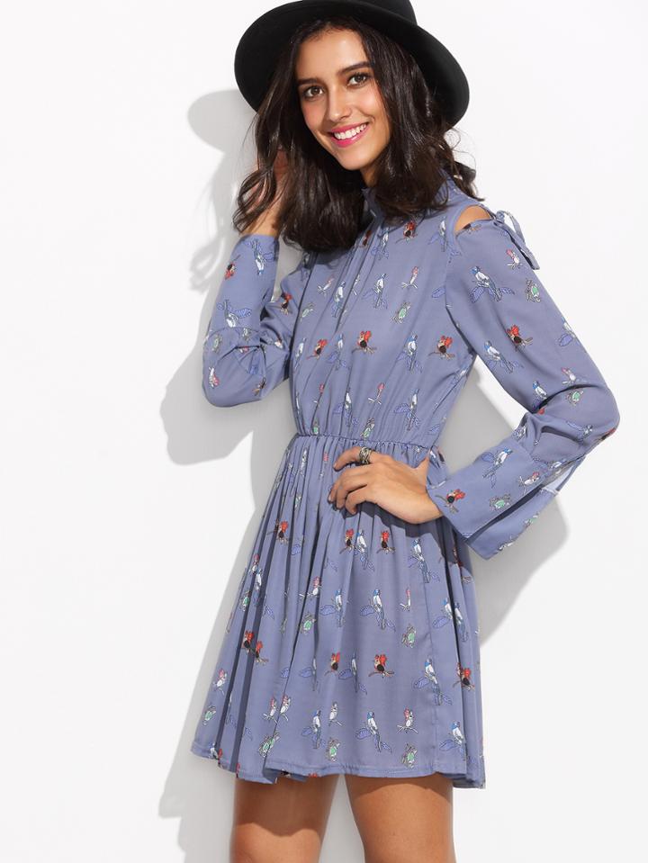 Romwe Blue Bird Print Open Shoulder Dress With Tie