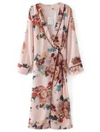 Romwe Floral Print Tie Waist Warp Dress