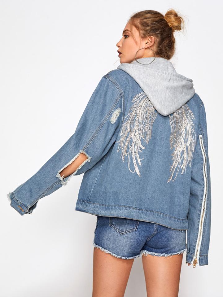 Romwe Wings Embroidered Back Hooded Denim Jacket