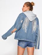Romwe Wings Embroidered Back Hooded Denim Jacket