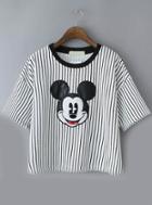 Romwe Vertical Striped Mickey Pattern Pale Grey T-shirt