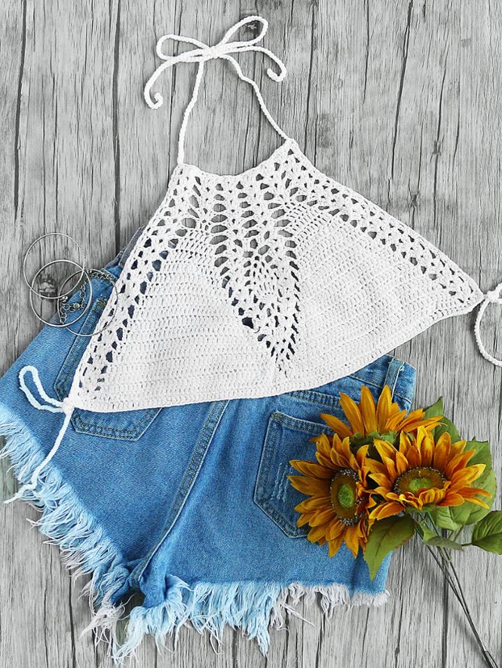 Romwe Halter Neckline Self Tie Back Crochet Cami Top