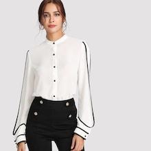 Romwe Contrast Binding Curved Hem Shirt