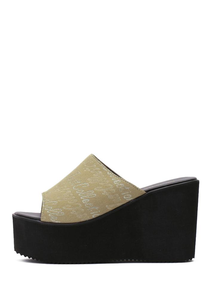 Romwe Apricot Peep Toe Letters Print Wedge Slippers
