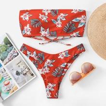 Romwe Lace-up Floral Bikini Set