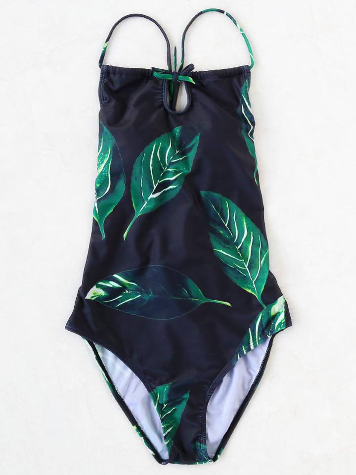 Romwe Black Leaf Print Keyhole One-piece Swimwear