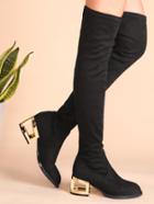 Romwe Black Suede Point Toe Thigh High Boots With Cut Out Heel