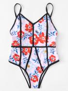 Romwe Binding Detail Floral Cami Swimsuit