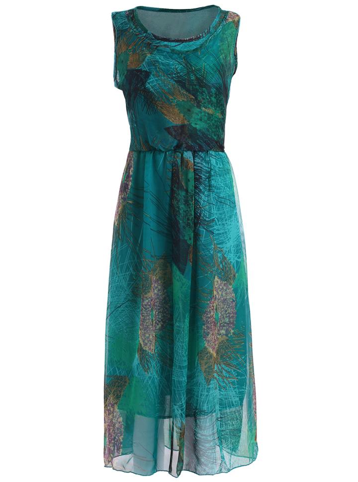 Romwe Vintage Print With Belt Chiffon Dress