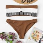 Romwe Color-block Bandeau With Ribbed Bikini Set