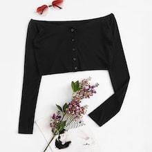 Romwe Ribbed Button Through Off The Shoulder Tee