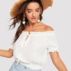 Romwe Knot Front Frill Off Shoulder Top