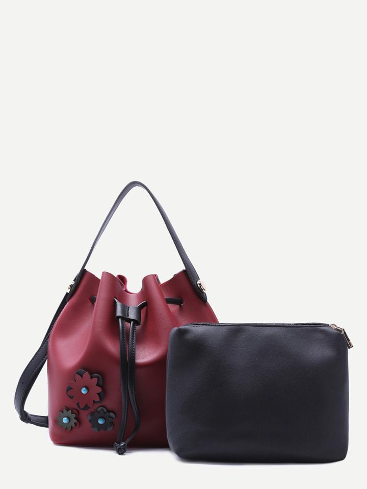 Romwe Burgundy Pu Floral Patch Drawstring Bucket Bag With Clutch