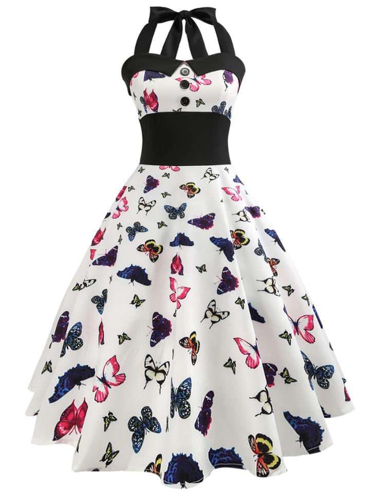Romwe Butterfly Print Button Detail Halter Dress