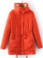 Romwe Stand Collar Drawstring Pockets Orange Coat