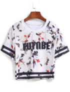 Romwe Butterfly Letters Print Crop White T-shirt