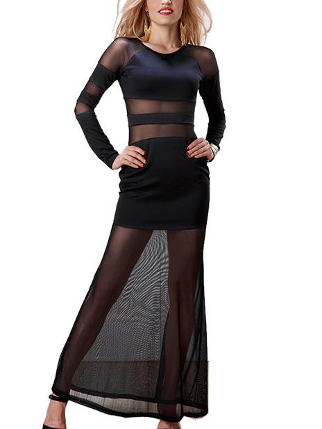 Romwe Long Sleeve Sheer Mesh Maxi Dress