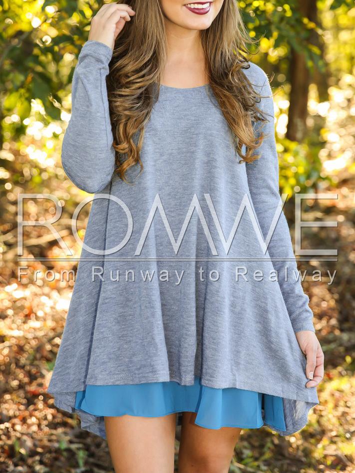 Romwe Grey Long Sleeve Round Neck Casual Dress