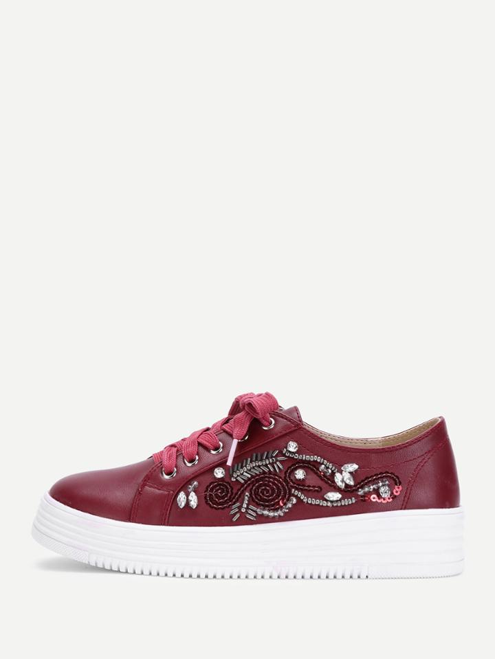 Romwe Beads & Crystal Design Lace Up Sneakers
